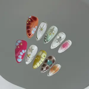 Handmade Press On Nails, 10-Piece Reusable False Nails Set, Spring Collection with Floral Designs - Mother's Day Gift for Women, Removable False Nails