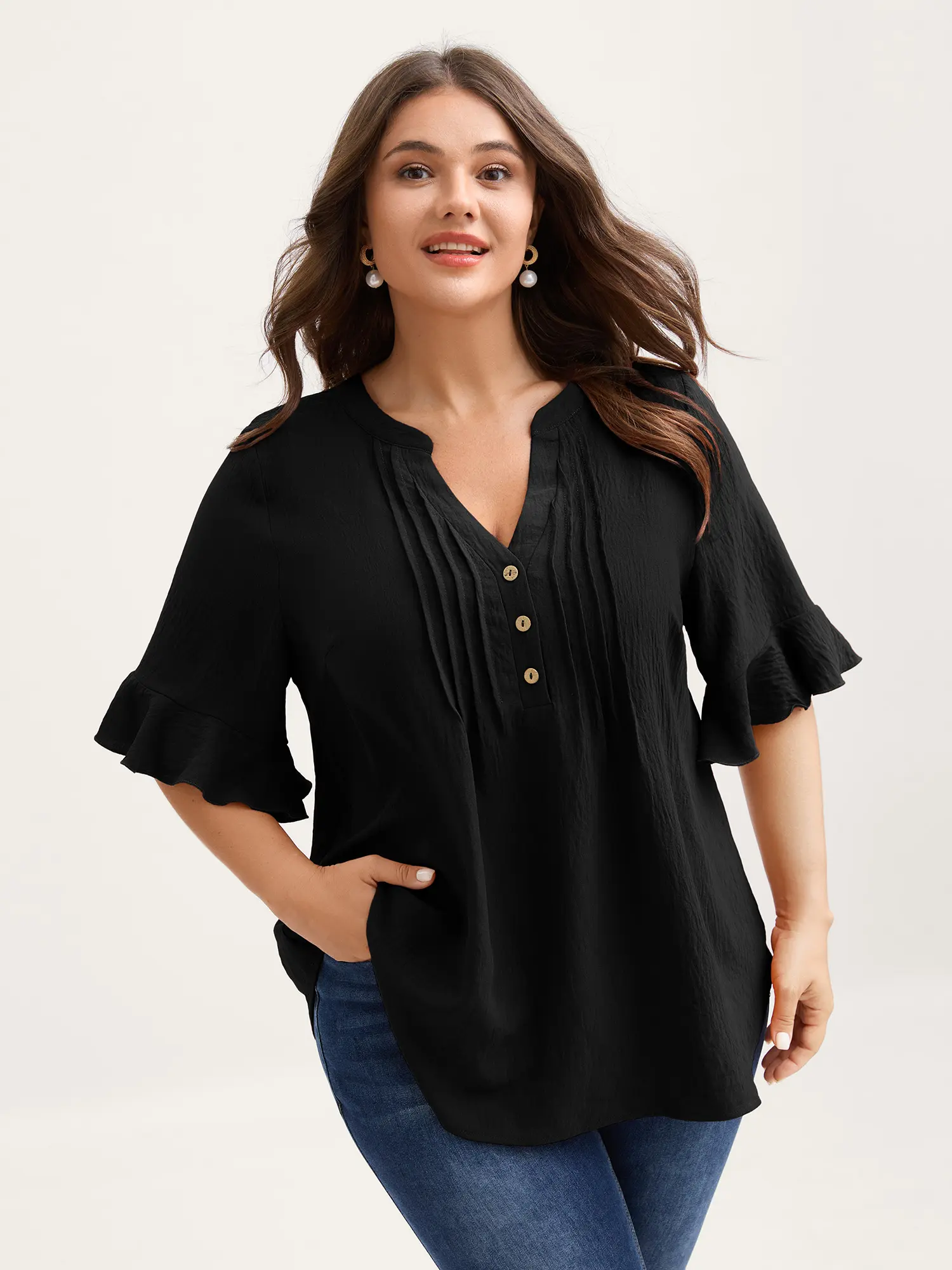 BloomChic Plus Size Blouse, Casual Solid Polyester Top with V-Notch Neck and Ruffle Half Sleeves, Button Accents for Comfy Office Wear, Shirts, Style Inspo, Casual Ruffle Hem, Comfy Casual,clothes for back to school,first day of school outfits