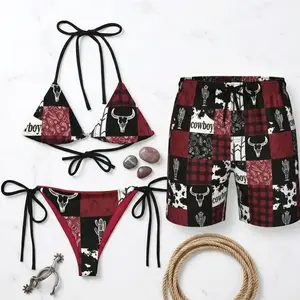 Western Patchwork Couple Swimwear Set – Cowboy String Bikini for Women & Matching Men’s Swim Trunks, Rodeo Beach Vacation Outfit