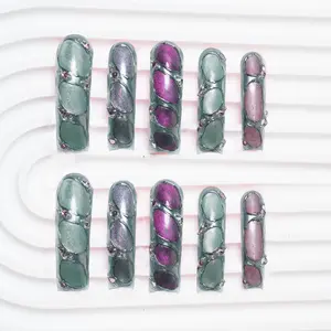 AVIARA Long Square 10pcs 3D  Handmade Y2K Acrylic Press On Nails Luxious Salon High Quality Fake Nail detachable aqua nails