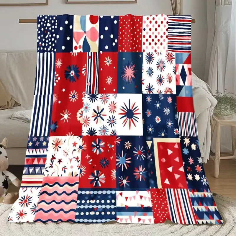 Comfortable and Soft Flannel American Flag Patchwork Bedspread - Red, White, and Blue Stripes with Navy Blue, Brown, and Star Patterns, Suitable for Sofas, Studies, and Festival Decorations - All-Season Bedspread or T