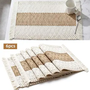 Set of 6 Natural Cotton Burlap and Water Straw Woven Combination Table Mats, Boho Placemats Set, Macrame Décor and Farmhouse Style Placemats for Dining Table Kitchen
