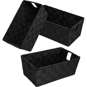 Woven Black Storage Baskets Shelf Tote Boxes Container, Durable Storage Organizer Bins with Built-in Handles for Bedroom, Office, Closet,  Room, , 3-Pack,11.4"x 6.5"x 4.5"