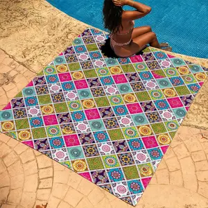 Boho Mandala Square Beach Blanket - Large Sandproof Sand-Free Outdoor Mat, Colorful Floral Tile Picnic Blanket for Camping Travel