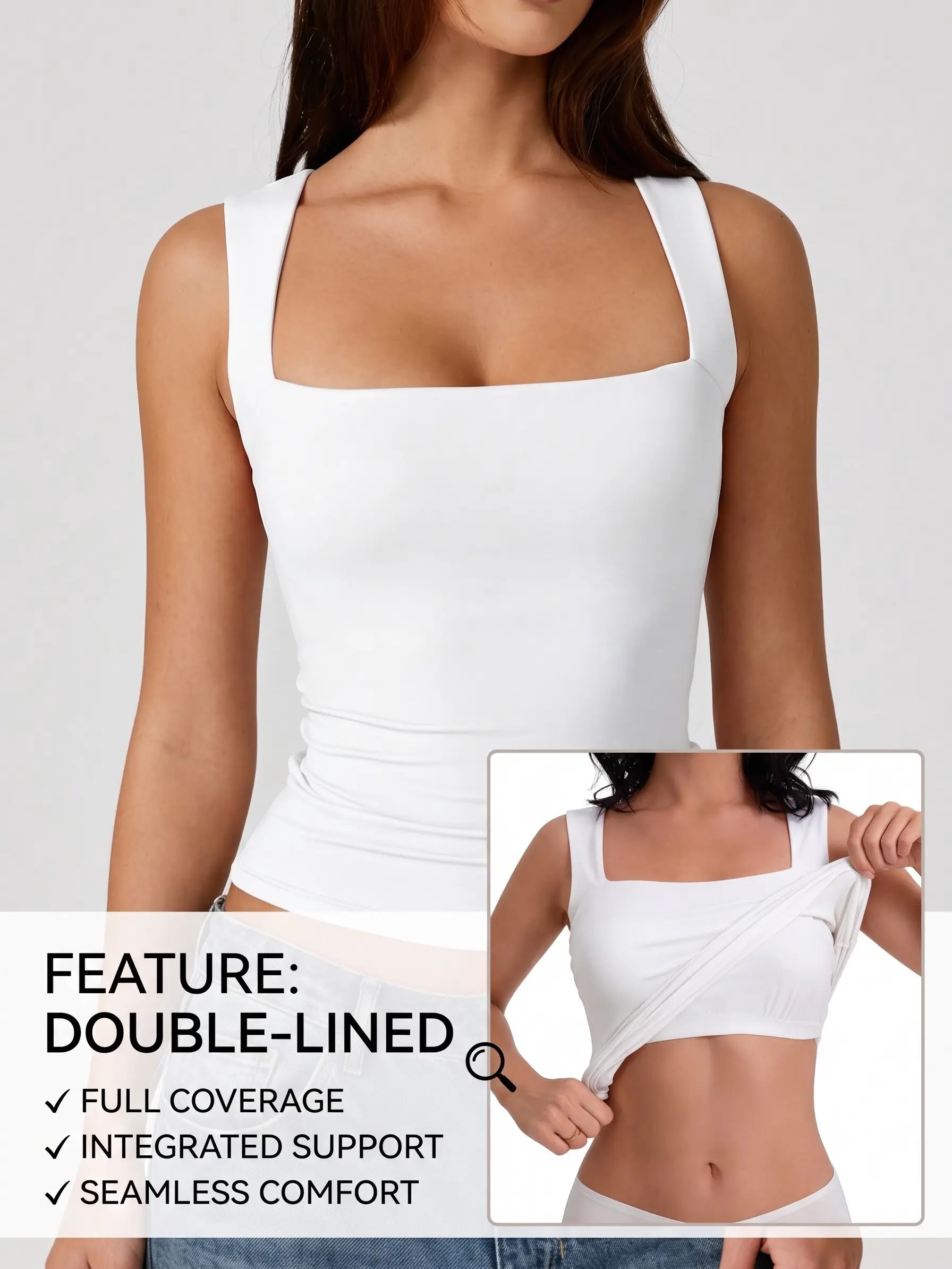 Women's Square Neck Sleeveless Double-Layer White Tank Tops Basic Tight T Shirts croptop