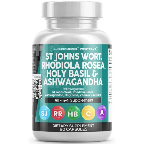 Clean Nutraceuticals St John's Wort, Rhodiola Rosea, Holy Basil, Ashwagandha & Women & Men's More for Mood Support Supplement Capsules – Positeava