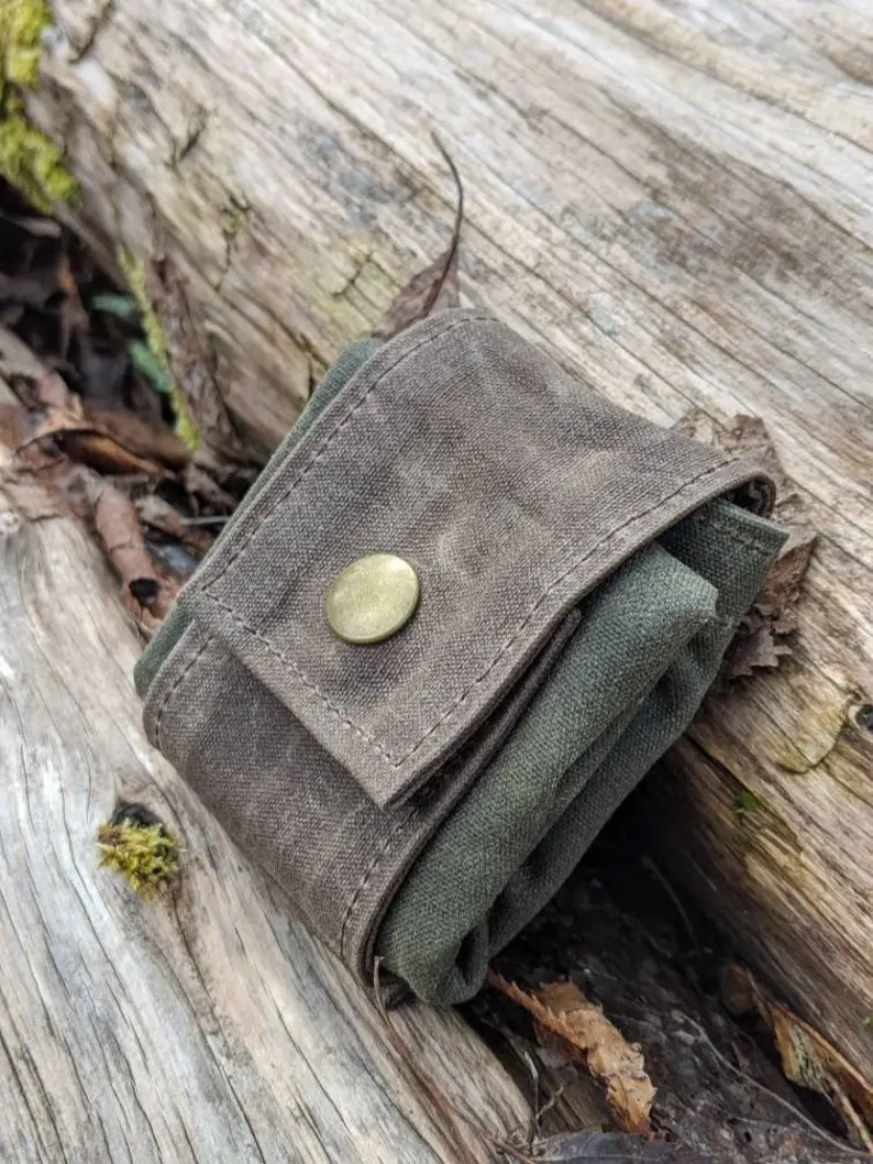 Handmade Waxed Canvas Foraging Pouch: Bushcraft Belt Bag Brown and Green
