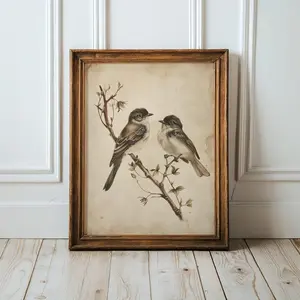 Neutral Summer Bird Wall Art, Vintage Botanical Birds Print, Minimalist Nature Decor Unframed