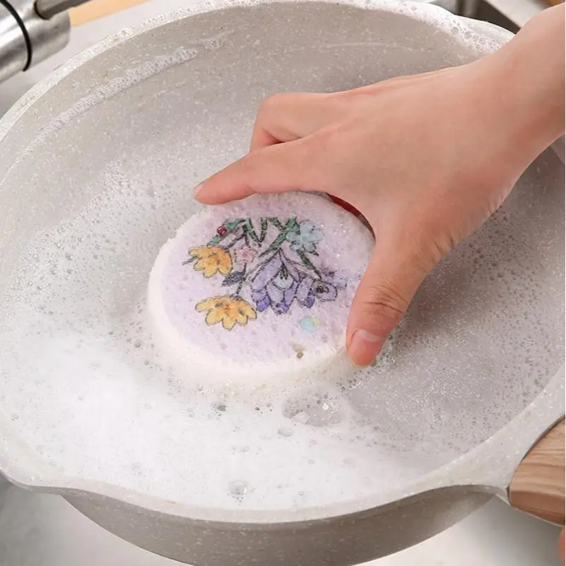 6/12 Pack Floral Cellulose Sponge Scrub Pads, Eco Wood Pulp Compressed Dish Sponges, Expandable Non-Scratch Kitchen Cleaning Pads, Random Floral Prints