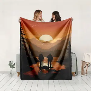 1 piece Hikers at sunset with mountain and water scenery themed flannel blanket - All-season flannel blanket, suitable for sofas and beds, super soft and comfortable, modern geometric pattern design, digital printing, 100% polyester material