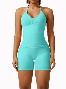 Women's Two-Piece Sports Set, Ribbed Short Sleeve Top & High-Waisted Shorts, Breathable Seamless Design for Yoga Gym Workout