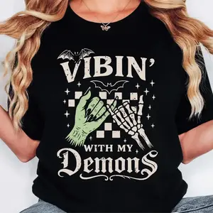 “Vibin’ With My Demons” Unisex Graphic T-Shirt, Cute Halloween Shirt, Funny Gothic Spooky Tee, Casual Cotton Short Sleeve Top, Everyday Streetwear, Gift Idea for Halloween Lovers