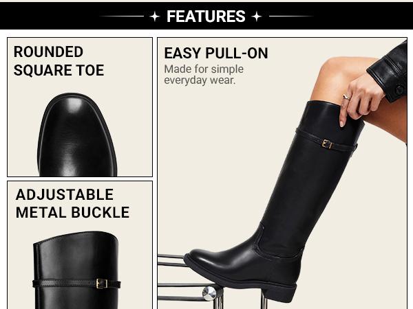 DREAM PAIRS Knee-High Buckle Strap Riding Boots | Round Toe Straight Shaft Knee-high Easy Pull-on Adjustable Metal Buckle 5mm Foam Insole Faux Suede & PU Leather Tall Boot, Foam Sole