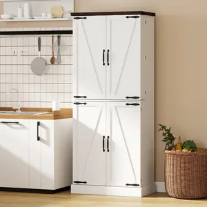 72" Tall White Farmhouse Kitchen Floor Cabinet - Indoor Storage Cupboard with 8 Door Racks, Adjustable Shelves