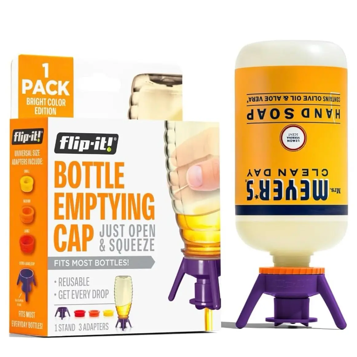 Flip-it Bottle Emptying Kit with 1 Base Cap & 3 Adapters for Plastic Bottles - Stocking Stuffer Gift Idea - Includes 1 Stand & 3 Adapters - Handles