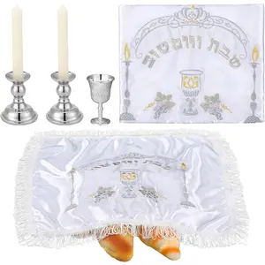 Reallnaive Modern Shabbat Havdalah Set White Satin Challah Cover Silver Candle Holders Silver Wine Cup White Taper Candles for Shabbat, Holiday and Havdalah Gifts