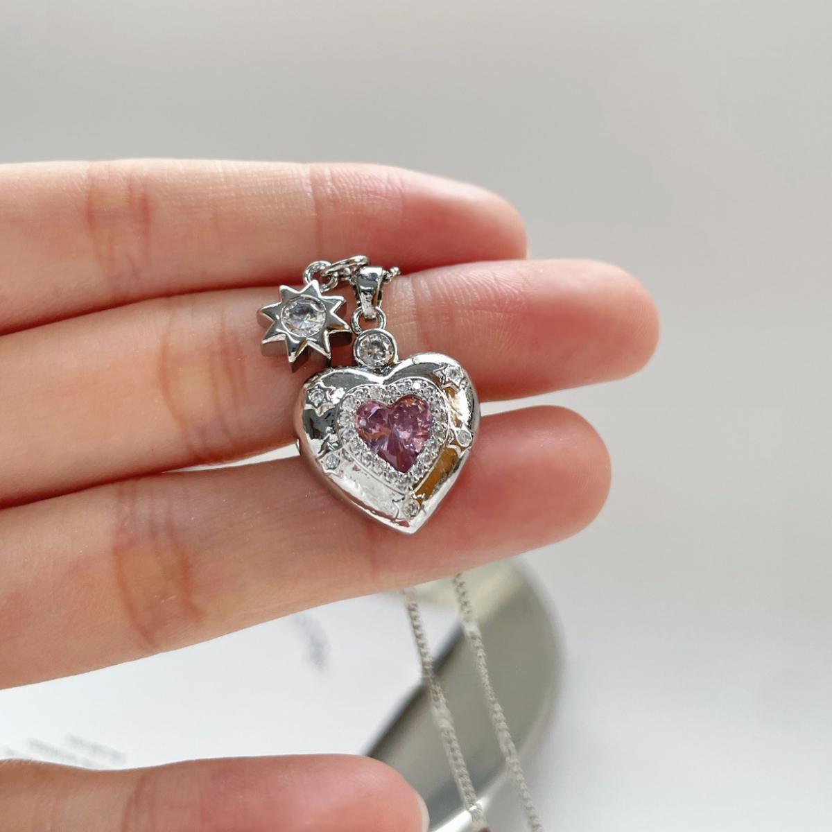 Cute Puffy Heart Sparkle Pendant Necklace, Dainty Pink Charm Detail, Elegant Feminine Statement Jewelry, Stackable Everyday Accessory, Perfect Gift for Fashion Lovers