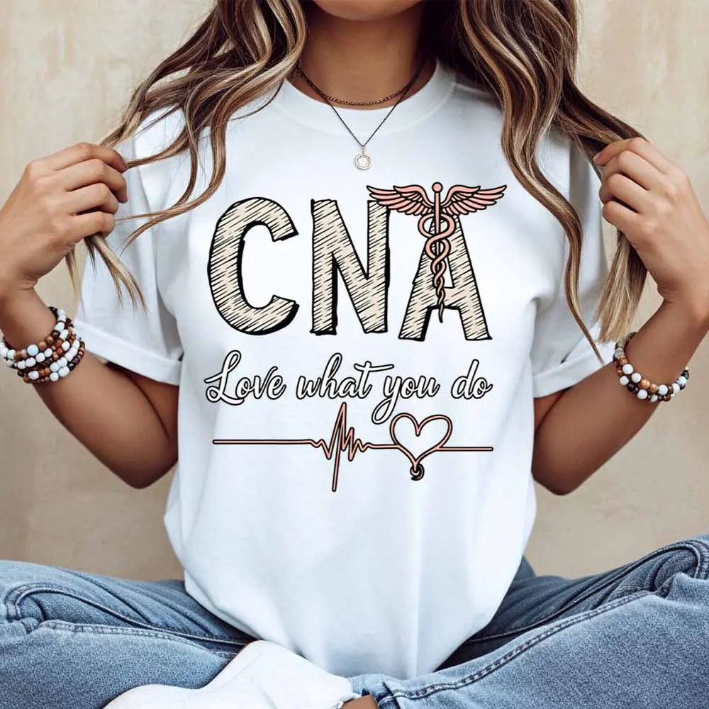 Cna Love What You Do Caduceus Heartbeat Print T Shirt Women Casual Short Sleeve Top
