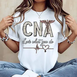 Cna Love What You Do Caduceus Heartbeat Print T Shirt Women Casual Short Sleeve Top