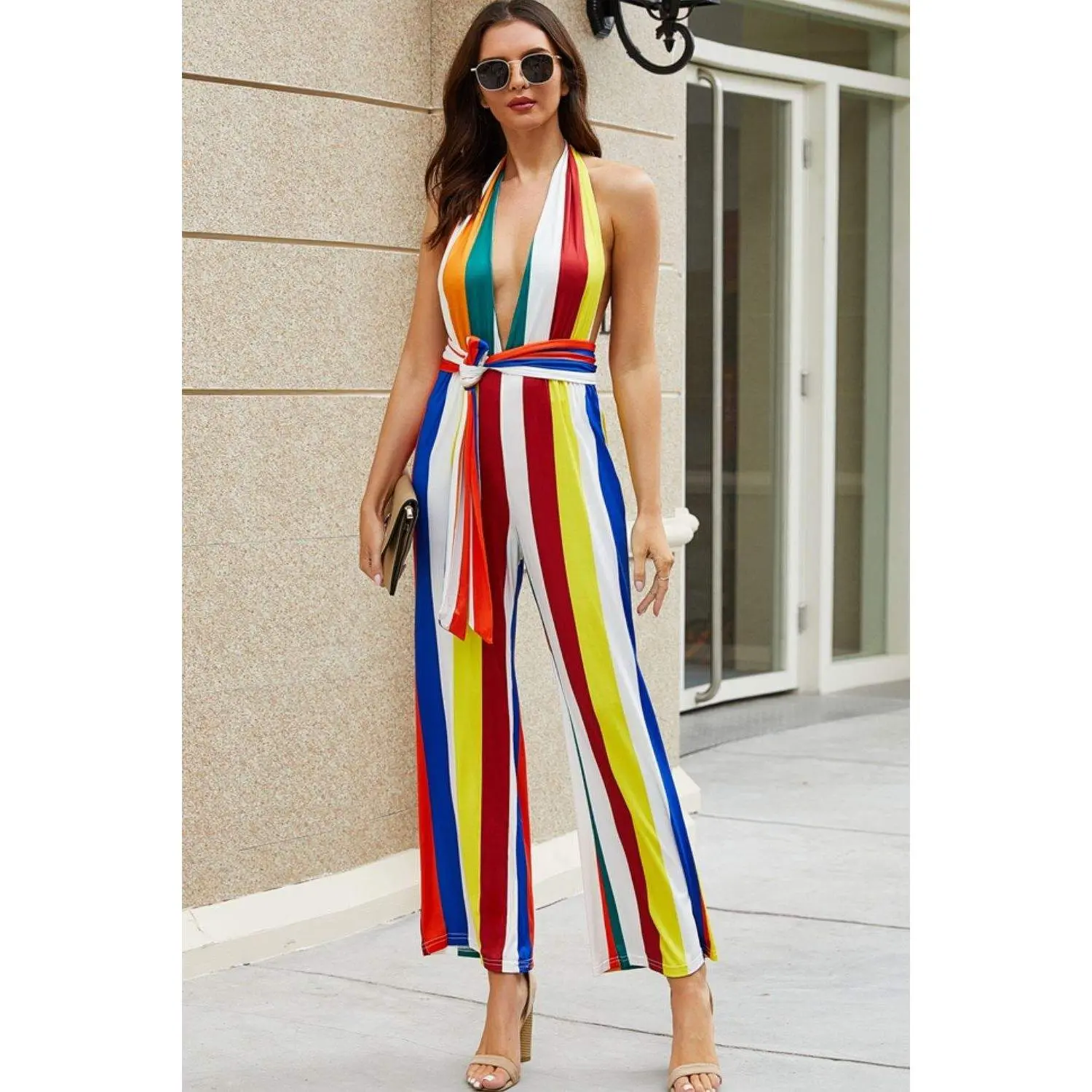Rainbow Stripe Halter Neck Belted Jumpsuit