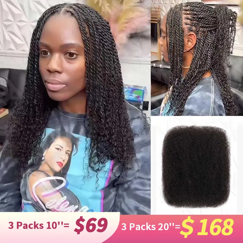 QVR 100% Human Hair Afro Kinky Bulk Pieces for Braiding & Dreadlocks, 10-22 Inches Natural Black, 3 Packs Curly Hair Extensions, Summer Deals