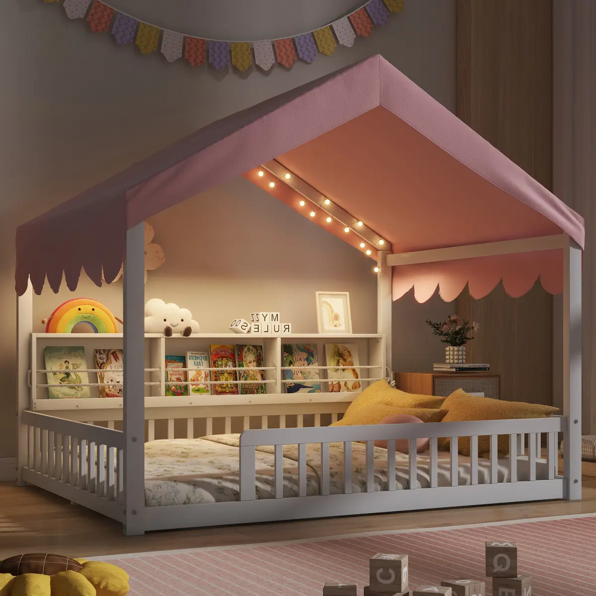 Full Size House-Shaped Platform Floor Bed Frame for Kids, Bedroom Decor Furniture for Bedroom with Safety Guardrail, Curtain, Lights, Side Storage Bookshelves, Solid Wood Slats, Easy Assembly, Pink