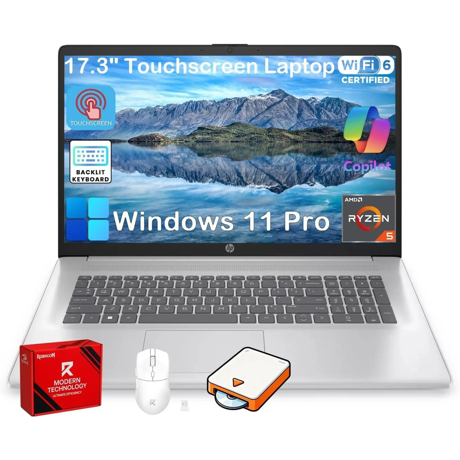 HP 17 Touchscreen Laptop Computer, 17.3" HD+ AntiGlare Display, Backlit Keyboard, Win11 Pro, AMD Ryzen 5 7430U, for Business & Student, Fast Charge, AI Copilot, w/Accessories
