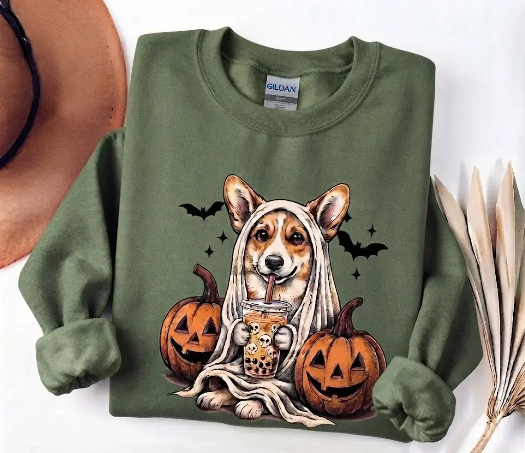 Cozy Corgi Ghost Halloween Tshirt Sweatshirt Hoodie | Bubble Tea Dog Lover Gift Tee, HUNTWEAR SHOP