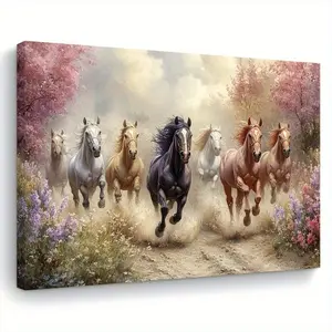 1 Piece Wooden Frame Horse Painting - "Galloping Horse Among Flowers", Horizontal Surround Canvas Wall Decoration, Equestrian Theme Decorative Art Style, Suitable for Living Room, Bedroom, Kitchen Decoration - Ideal Gift for Warm House