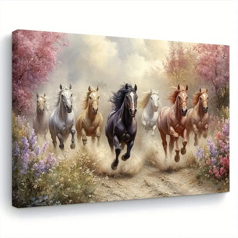 1-Piece Horizontal Horse Art Wall Decor - "Galloping Horse Among Flowers" Wood Framed Animal Art Print, Equestrian Home Decor, Living Room/Bedroom Warm House Gift