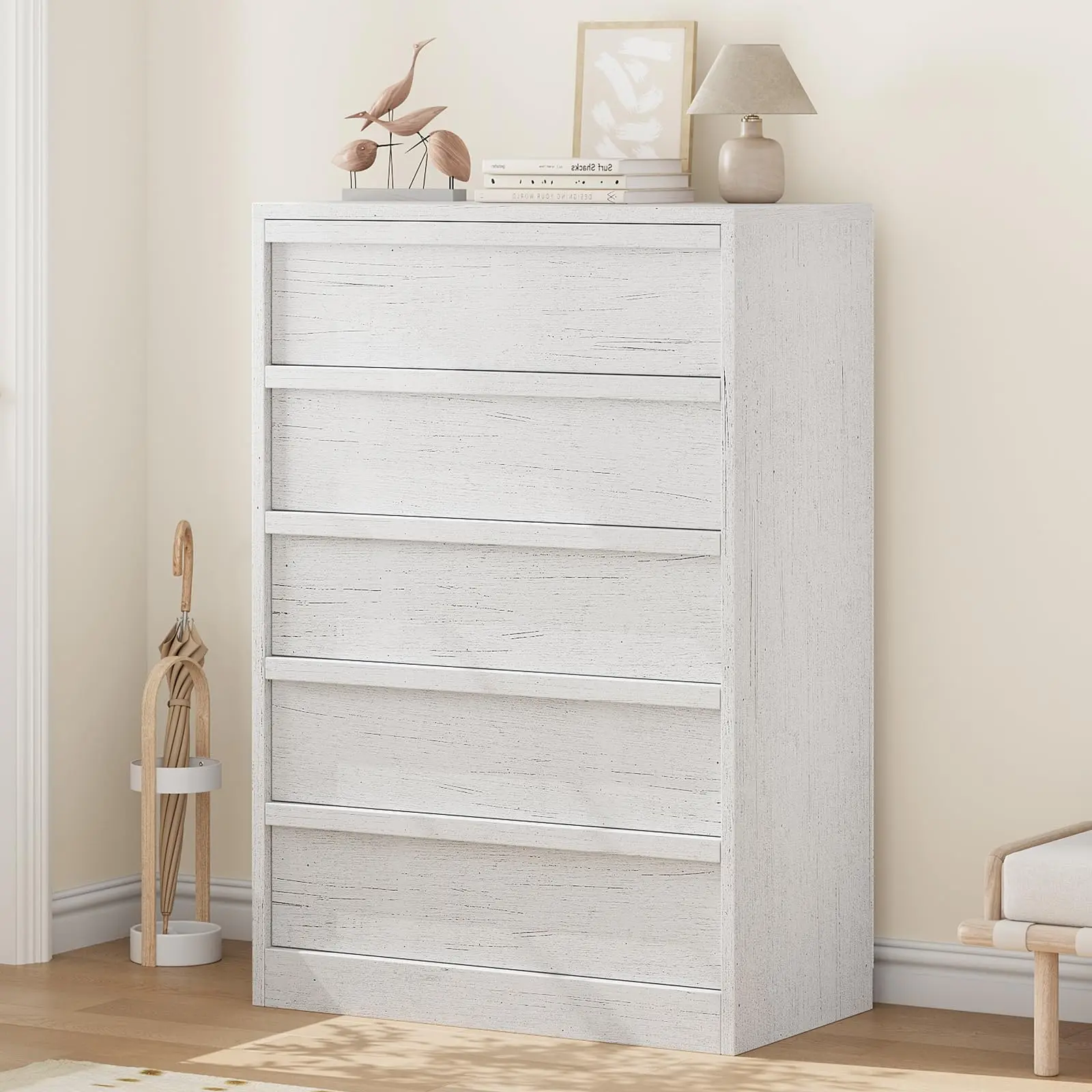 Modern 7 Drawer Wooden Dresser 46 Inch Tall White Storage Cabinet for Bedroom Nursery Entryway