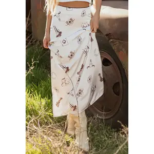 Western Print Satin Long Skirt