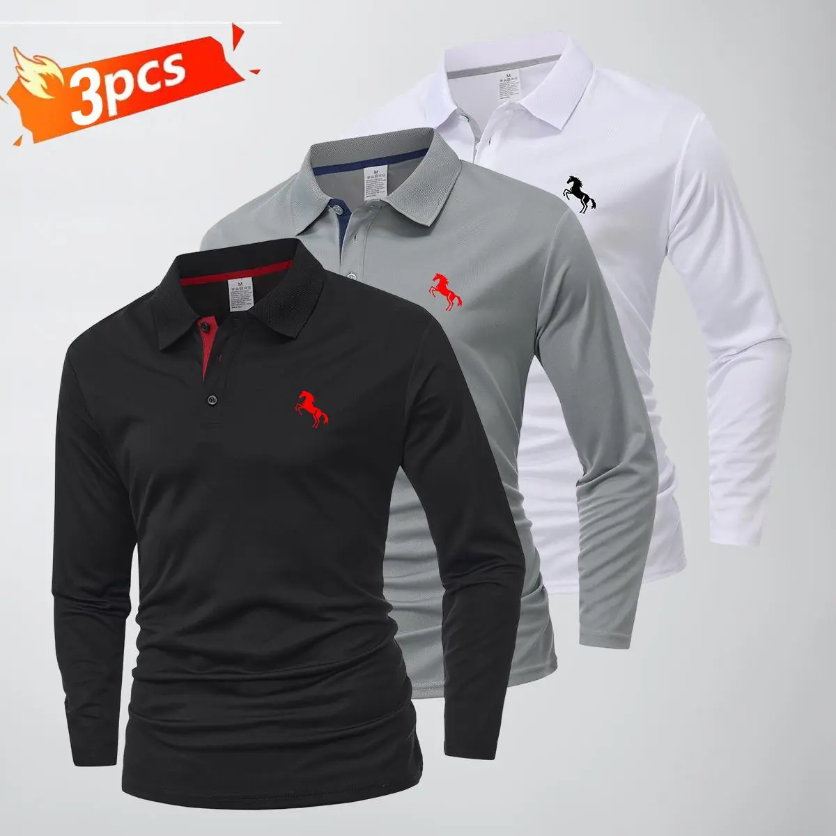 Men's 3-Pack Long Sleeve Polo Shirts, Classic Solid Polyester Casual Sportswear with Contrast Collar, Quick Dry Athletic Apparel for Golf, Mens Clothing