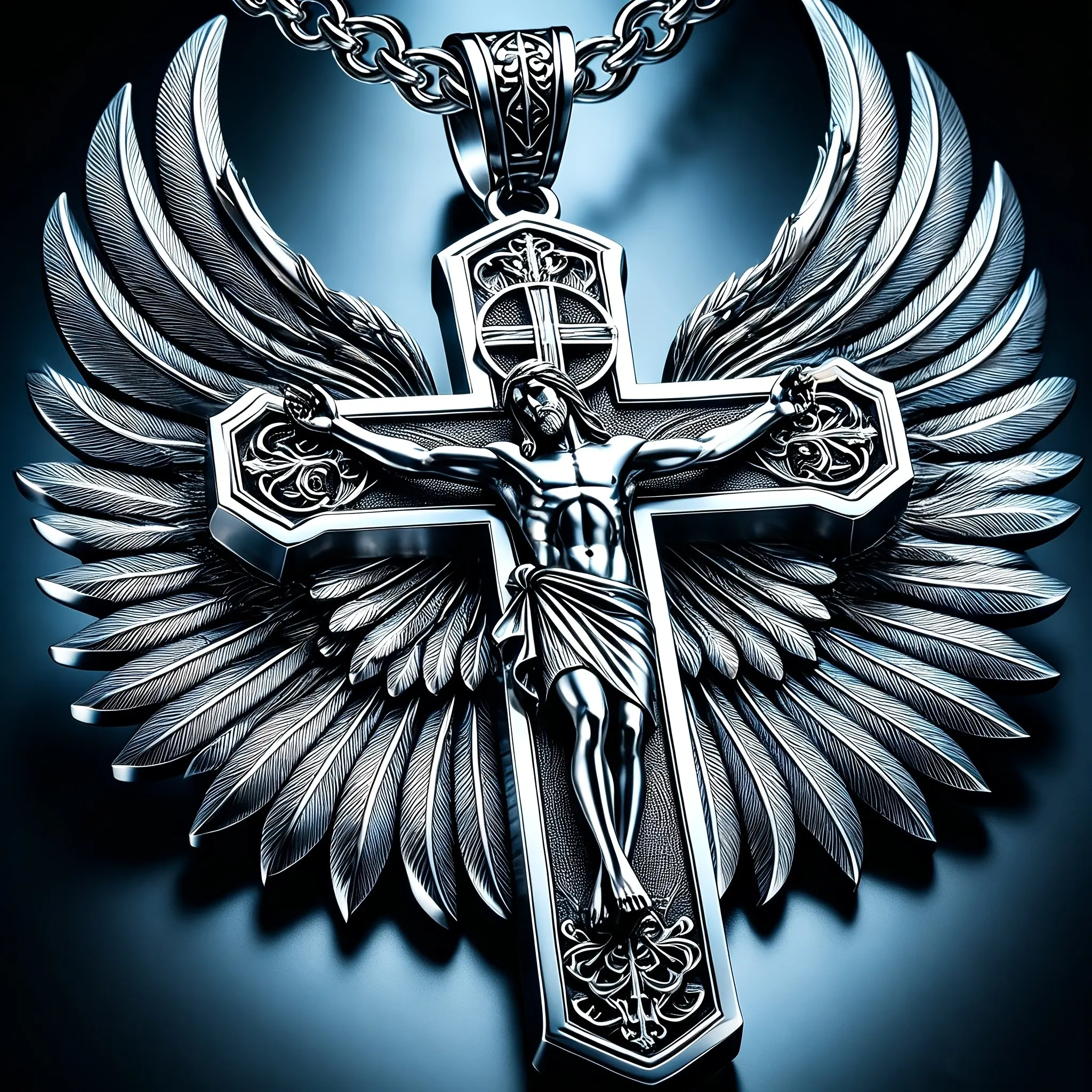 Men'S Gothic Angel Wing Crucifix Pendant Necklace, 316L 316L Stainless Steel Christ Charm, Religious Statement Jewelry