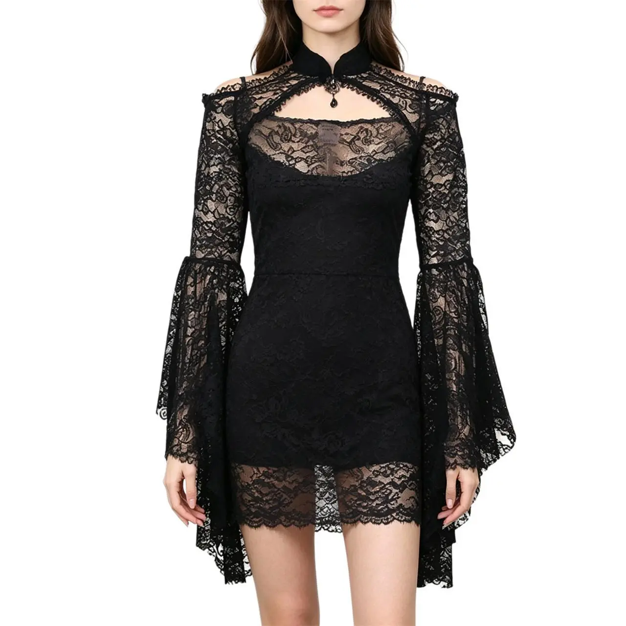 Trad Goth Crop Cardigan Women - Black Lace Floral Sheer Bell Long Sleeve, Mock Neck Cold Shoulder Punk Bolero Tops for Formal Evening Dresses