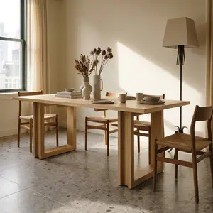 FUFU&GAGA 84" Modern Solid Wood Dining Table, Rectangular Farmhouse Kitchen Table with U-Shape Base, Large Heavy Duty Wooden Dining Table for 6-8 People, Natural Oak Finish