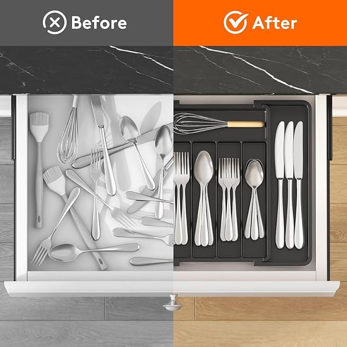 Silverware Drawer Organizer, Expandable Utensil Tray for Kitchen, BPA Free Flatware and Cutlery Holder, Adjustable Plastic Storage for Spoons Forks Knives, 8.5"-14.1" x 12.1", Black