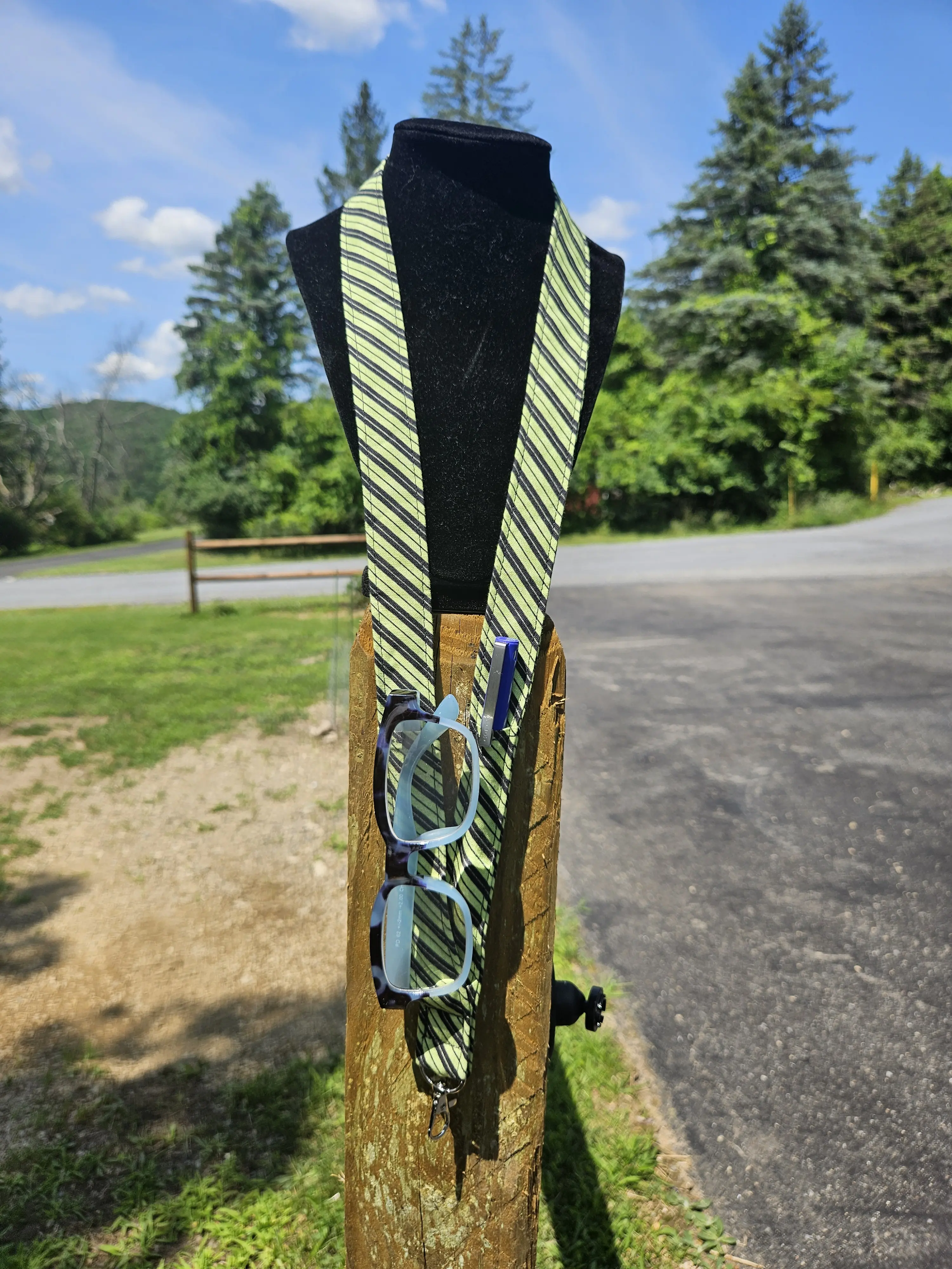 Handmade Safety Lanyard With Pockets | Pen & Glasses Holder | Breakaway Fabric Neck Lanyard | Green Stripe
