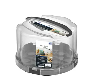 Clear Plastic Round Cake and Cupcake Carrier with Gray Handle, Clips, and Base (1-Pack), Includes Cutting and Serving Utensil, 13.2" x 8.5"