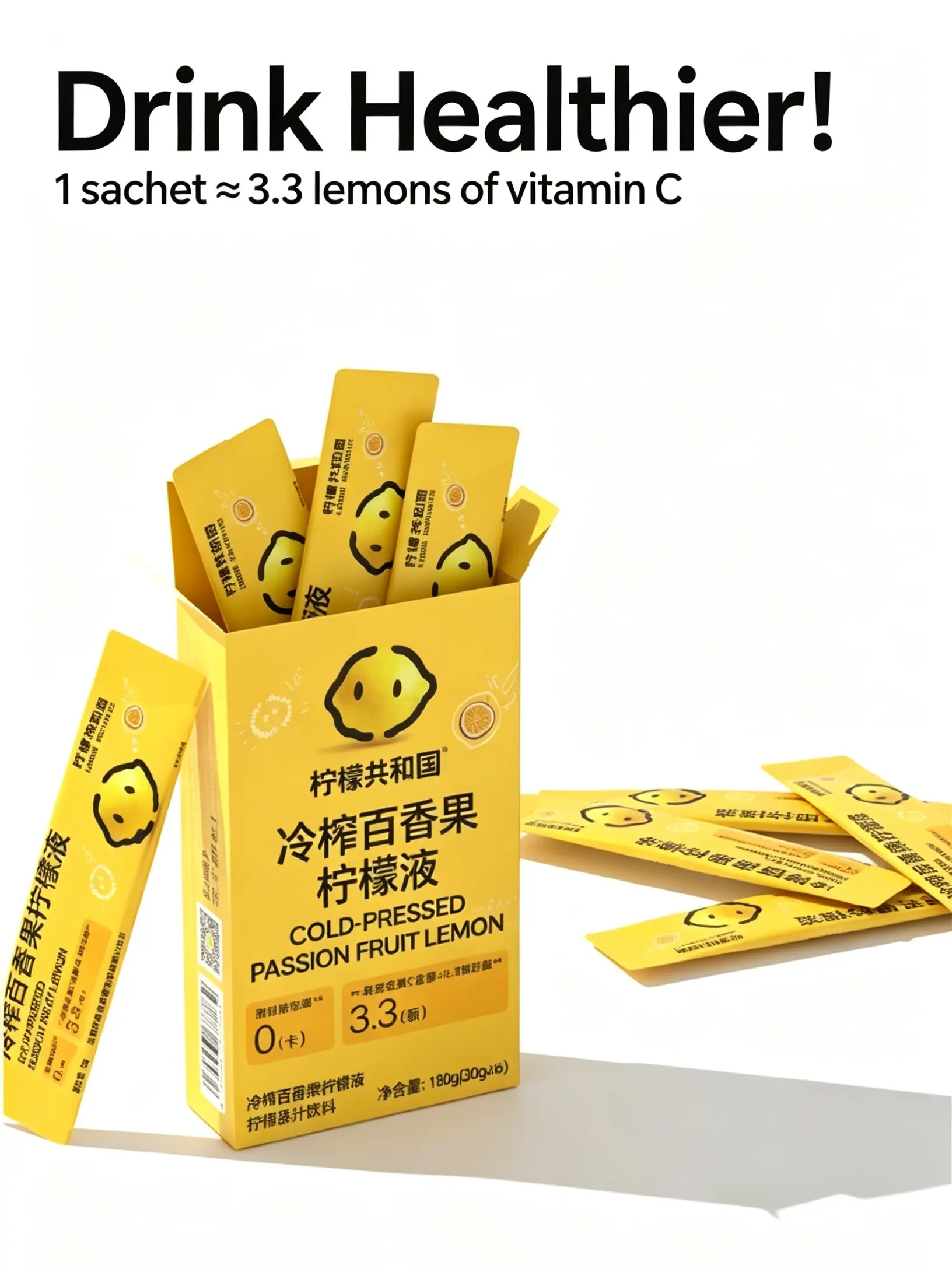 Lemon Republic Cold-Pressed Passion Fruit Lemon Juice Concentrate Packets (0 Sugar 0 Calorie, High Vit C, 6 Sticks/Box)