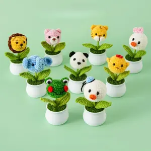 1pc Handmade Crocheted Animal Head Plush Potted Plant, Crocheted Ornament, Frog and Elephant Green Plant Pot, Small Ornament, Home Decor Accessory, Cute Bear Design