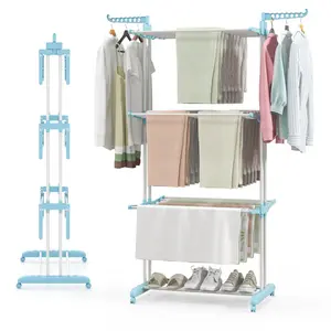 Blue 4-Tier Foldable Clothes Drying Rack with Wheels Heavy Duty Metal Laundry Hanger Stand for Indoor and Outdoor Use