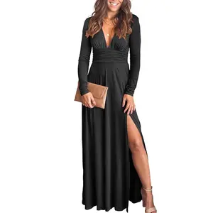 Women's Deep V Neck Short Sleeve Long Dresses Pleated High Waist Slit Club Party Evening Maxi Dress