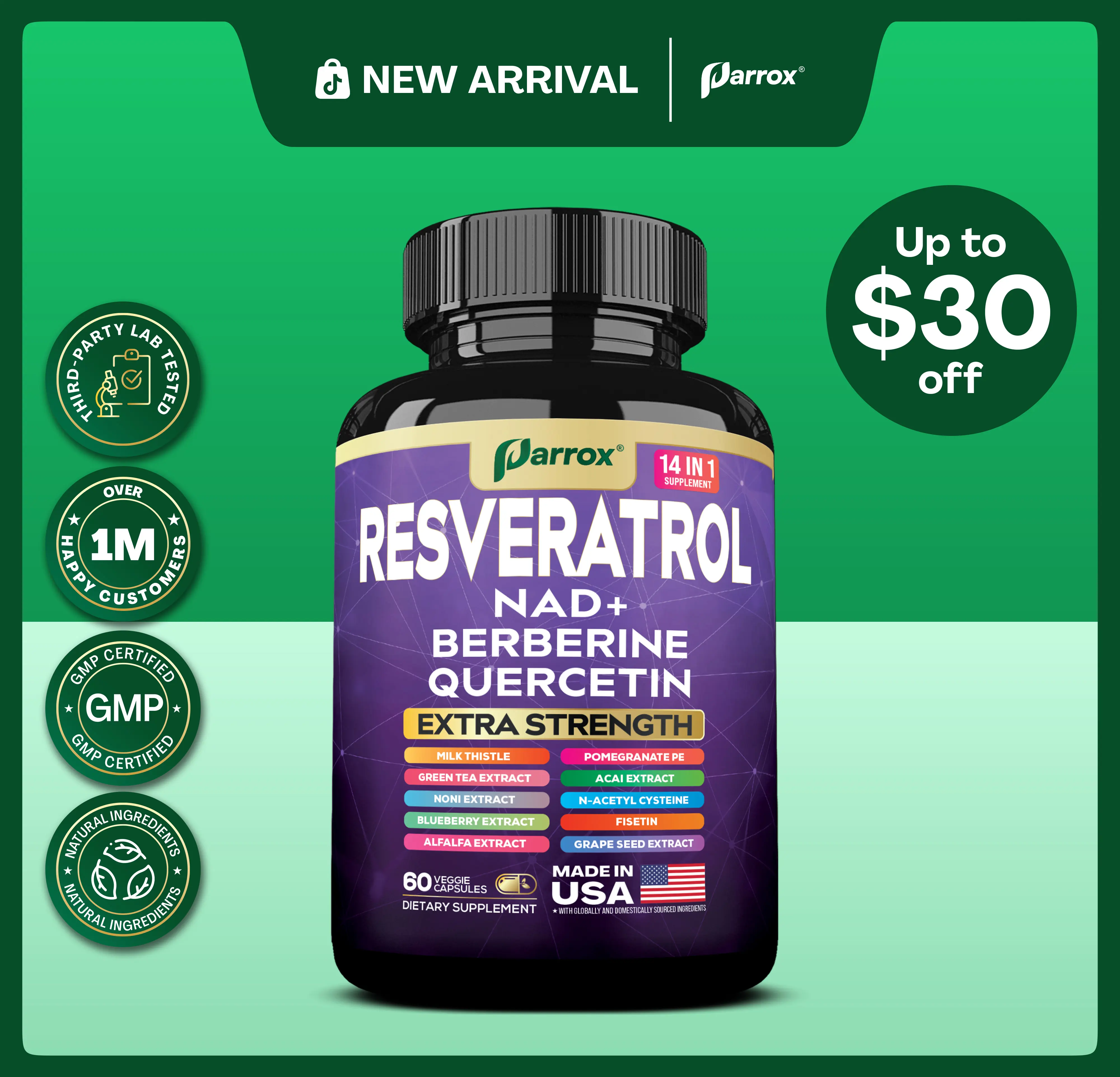PARROX Resveratrol Supplement - 14 in 1 Dietary Supplement for Anti-Aging Support with NAD+, Berberine, & More - Made in USA - 60 Capsules