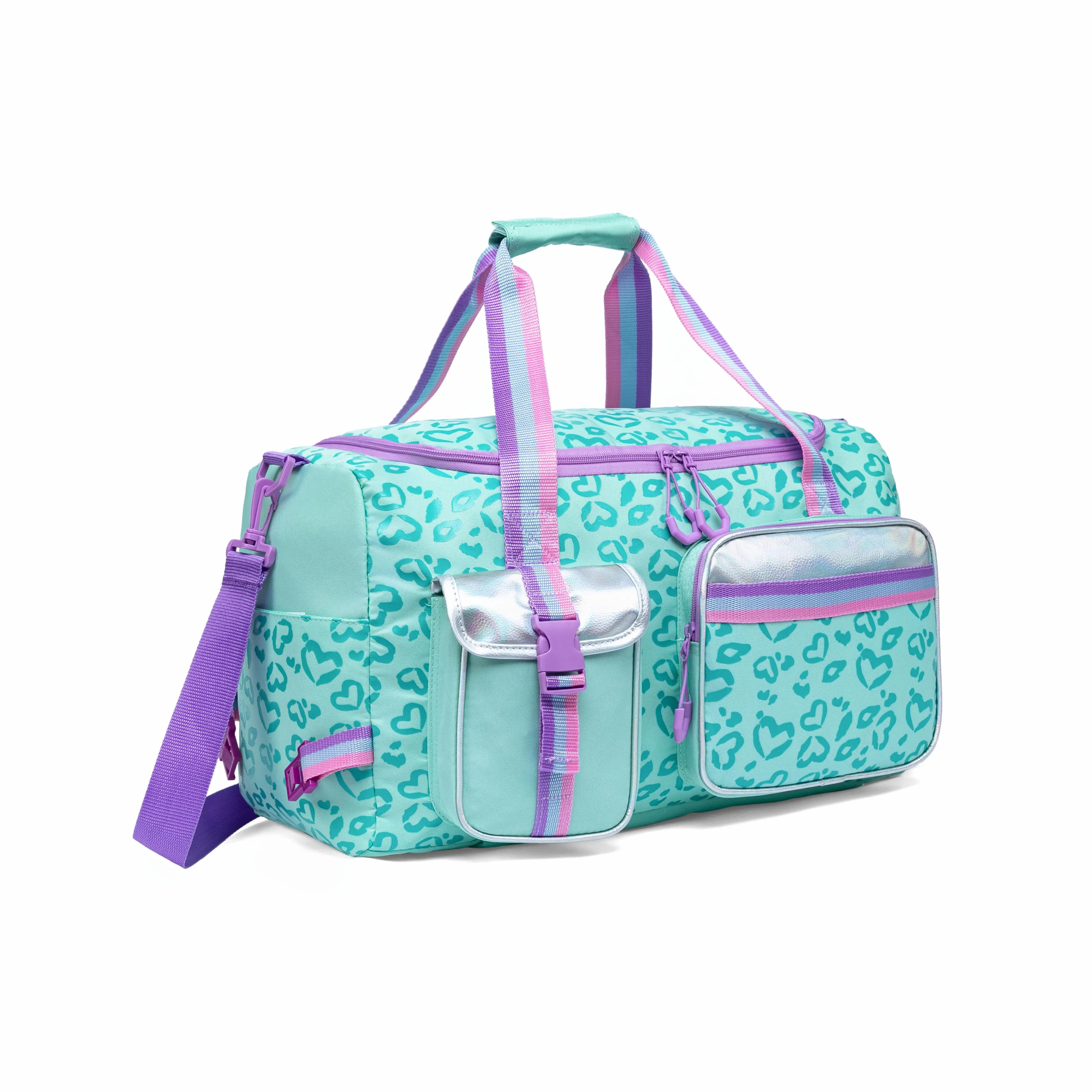 Girls' Teal Heart Print Quilted Duffle Bag Set - Cute, Multi-Compartmentalized, Overnight, Splash-Proof, Durable Travel Bag for Sleepovers, Sports & School Carry, Kids Road Trips, Cute Travel Bags, Multi-Compartmentalized Travel Bags