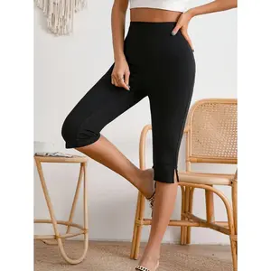 Solid Split Hem Capris Leggings