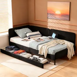 Twin/ Full Size Upholstered Platform Bed Frame with 2 Storage Drawers and Adjustable Backrest, Multi-function Velvet Sofa Bed with Solid Slat, No Box Spring Required, Easy Assembly, for Bedroom, Black