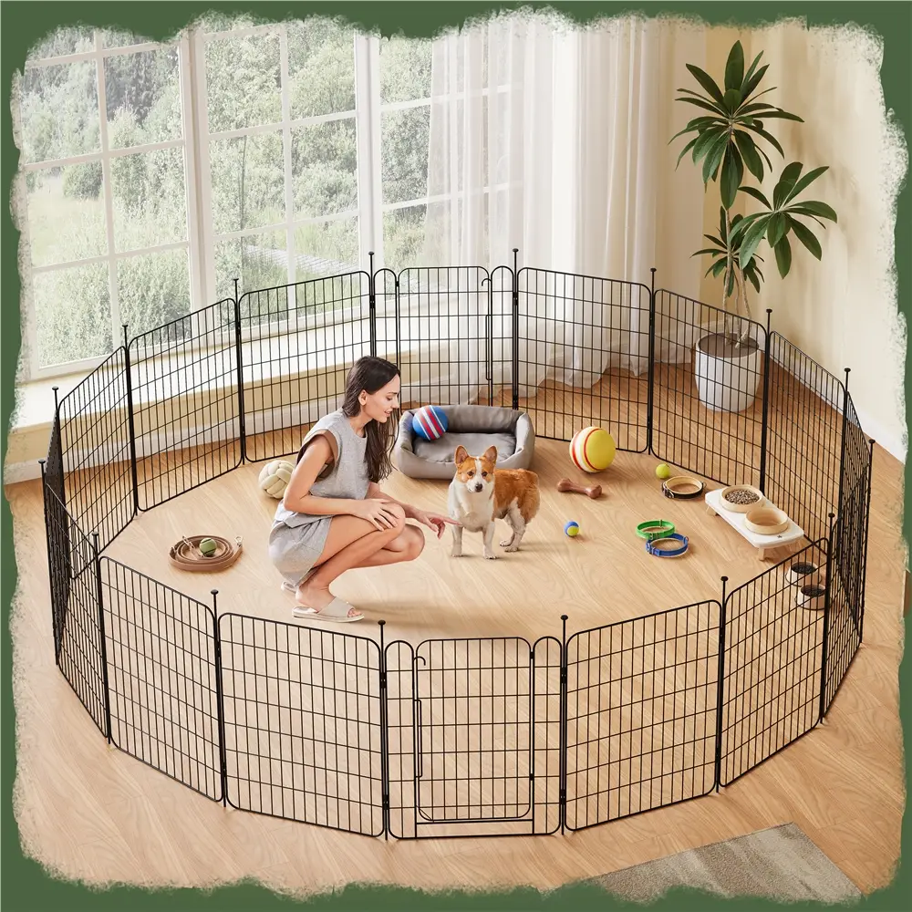 Yaheetech Dog Playpen 8/16 Panels Metal Puppy Fence, Foldable Pet Enclosure with Door for Small Dogs Indoor/Outdoor Use, 20/24/32 inch