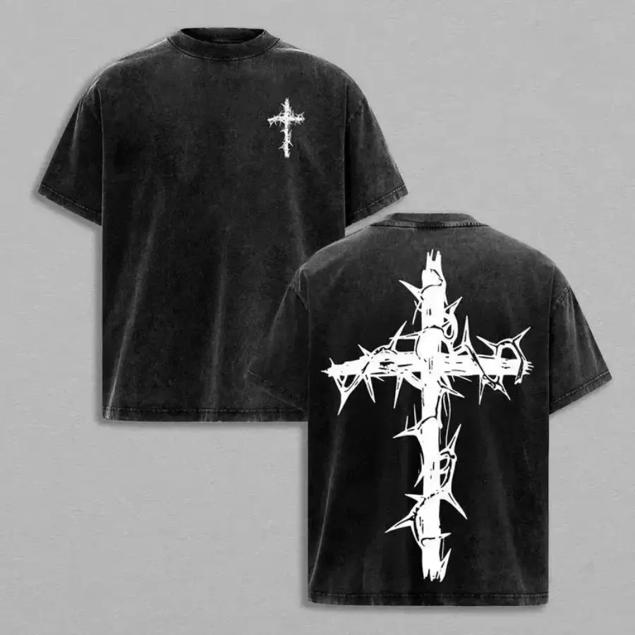Barbed Wire Cross Double Sided Unisex Washed Christian Gothic T-shirt Mens Vintage Acid Wash Graphic Tee, Oversized Shirt, Dark Aesthetic, Grunge Streetwear, Drop Shoulder.Y2K retro, Opium core style, Mens streetwear, Unisex top, Graphic tee, Outdoor Wear