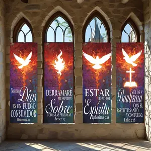 4 Pcs Religious Banners, Polyester Material Holy Spirit Flame Cross Scripture Banner Christian Pentecost Church Gathering Living Room Prayer Corner Wall Hanging Decor